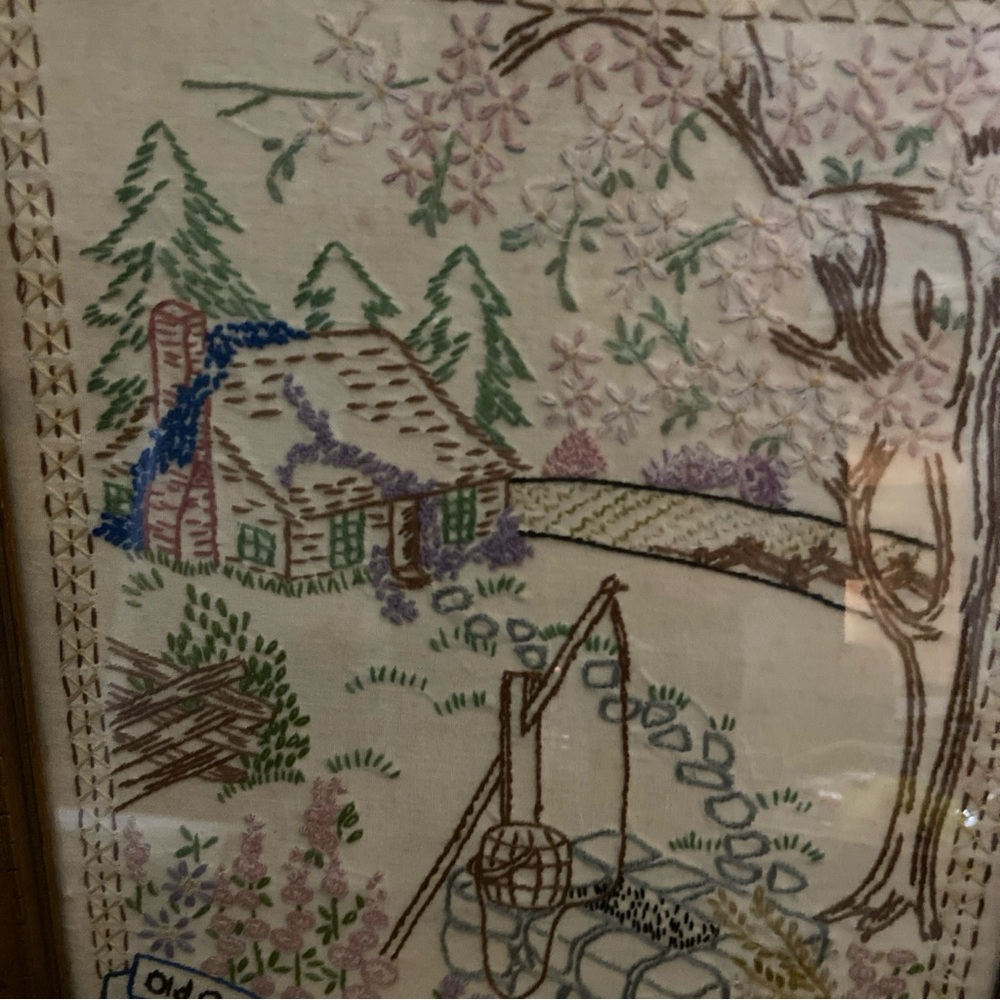 Vintage Crewel Embroidery Picture Old Oaken Bucket Framed Linen Art Cottagecore - Picture 4 of 9